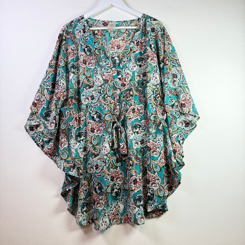 KNOX ROSE Teal‎ Multicolor Paisley Drawstring Kaftan Top L